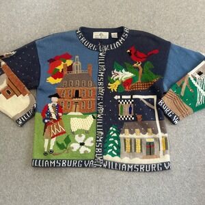 Design Options Cardigan Womens Medium Blue Williamsburg Vintage Colonies Sweater